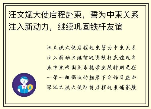 汪文斌大使启程赴柬，誓为中柬关系注入新动力，继续巩固铁杆友谊